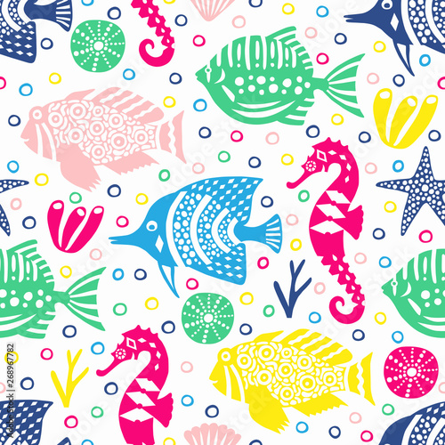 Marine life seamless background with fish, sea horse and water plant. Vector illustration. Kid design.