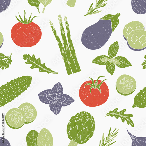 Vegetables and herb seamless pattern. Surface hand drawn rustic decoration with tomato, asparagus, spice, artichoke, eggplant, onion .Vector illustration.