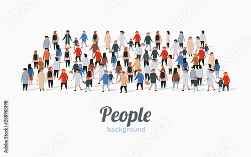 Template for advertising brochure with people crowd in shape of rectangle.