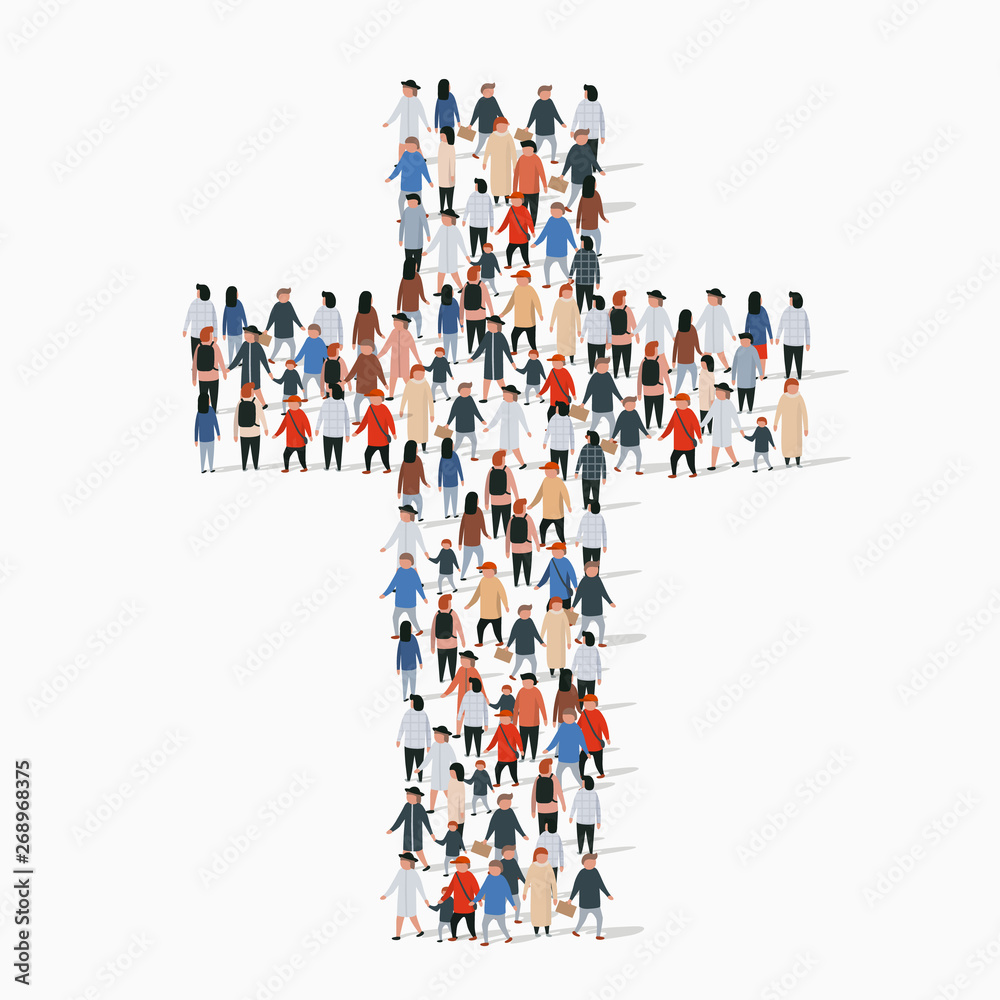 Large group of people in form of christian cross. - obrazy, fototapety, plakaty 