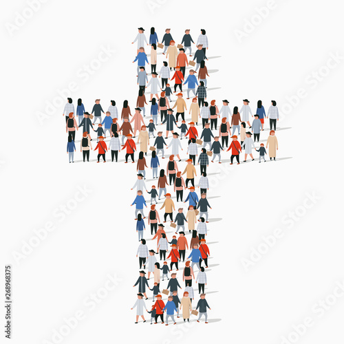Large group of people in form of christian cross.