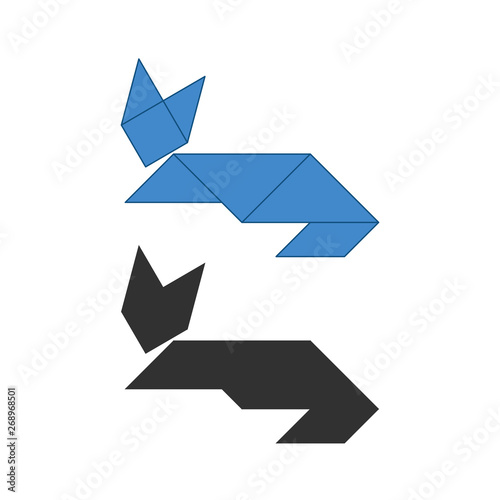 cat Tangram. Traditional Chinese dissection puzzle, seven tiling pieces - geometric shapes: triangles, square rhombus , parallelogram. Board game for kids