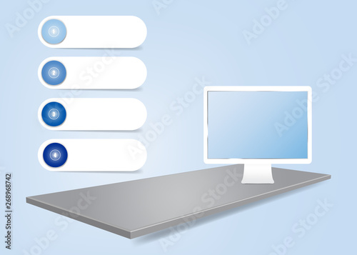 Infographic showing 3d gray desk on the blue background with PC screen ready for your text. Four white numbered labels are ready for your text. All potential trademarks are removed. 