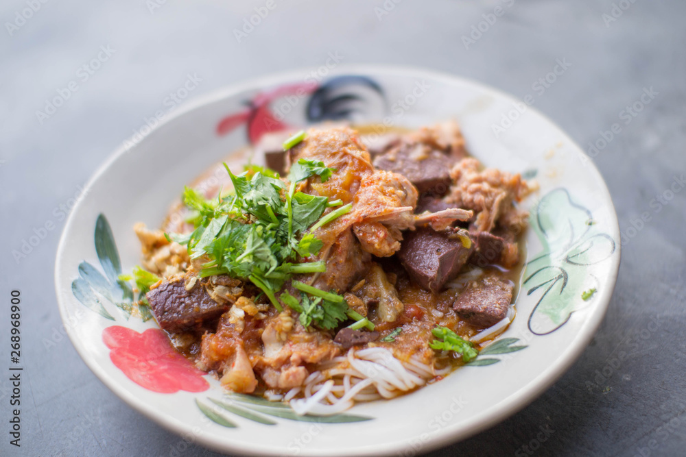 Nam Nguan Noodle, Rice noodles with spicy pork sauce. Nam Nguan Noodle, Rice noodles with spicy pork sauce.