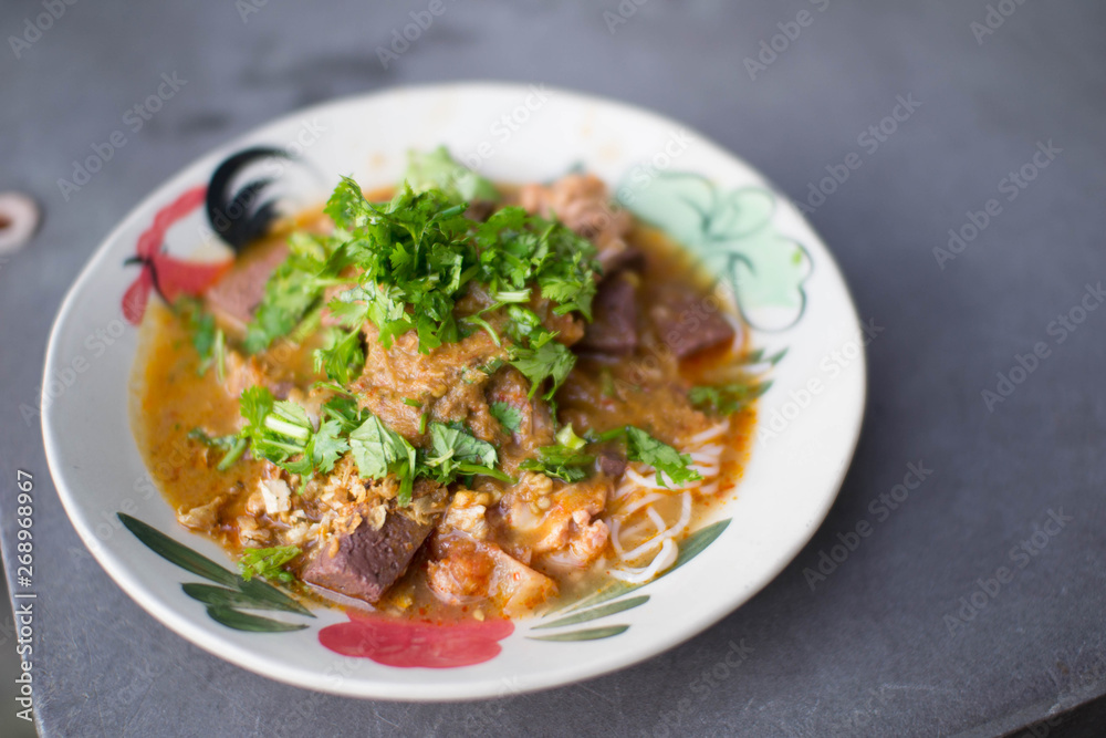 Nam Nguan Noodle, Rice noodles with spicy pork sauce. Nam Nguan Noodle, Rice noodles with spicy pork sauce.