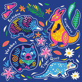 Sticker set of decorative australian animals. Vector illustration