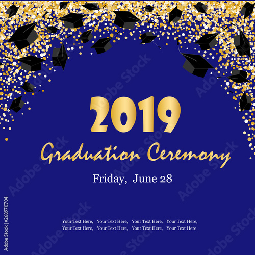 Graduation ceremony banner with graduate caps, glitter dots on a dark blue background. Congratulation graduates 2019 class of. Vector illustration