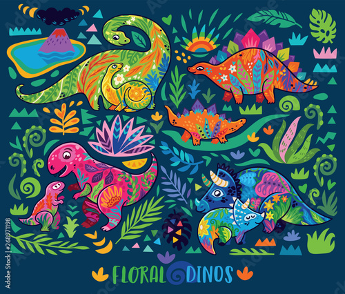 Little dinosaurs with moms decorated floral element. Vector illustration
