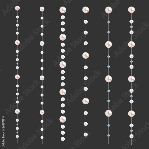 Set of pearl borders isolated on gray background. Vector dividers for decoration, wedding invitation or greeting cards, banners.