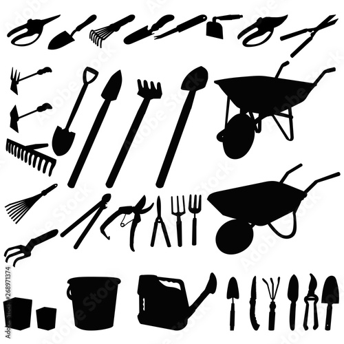 vector isolated set of garden tools silhouettes
