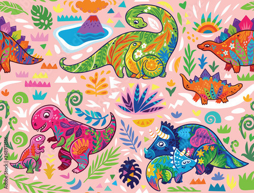 Cute seamless pattern with mom and baby dinosaurs and tropical plants. Vector illustration