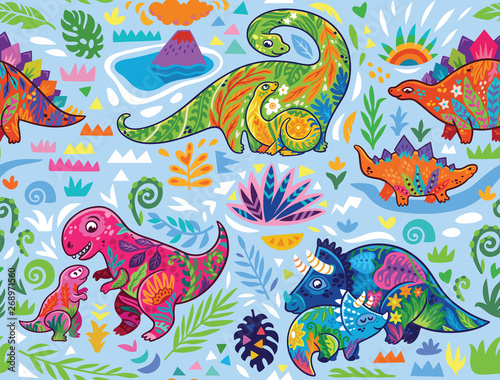 Cute seamless pattern with mom and baby dinosaurs and tropical plants. Vector illustration