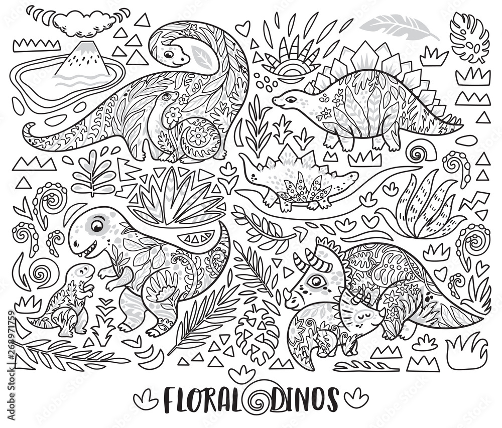 Line print with mom and baby dinosaurs and tropical plants. Vector illustration Line print with mom and baby dinosaurs and tropical plants. Vector illustration