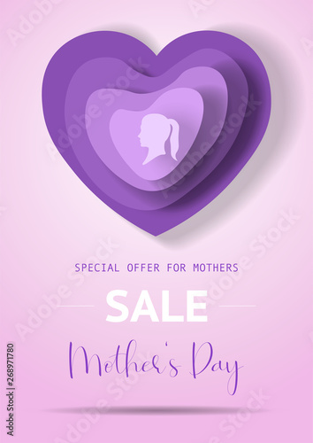 Mother's Day sale poster with purple paper hearts. Mother or woman silhouette on different shape of paper hearts for Mother's Day. Sale poster, banner, concept, vector illustration for shops.