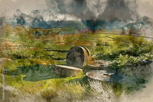 Watercolour painting of Summer landscape image of millstones on top of Stanage Edge in Peak District photo