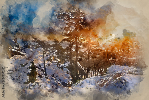Watercolour painting of Stunning Winter sunset landscape from mountains looking over snow covered countryside
