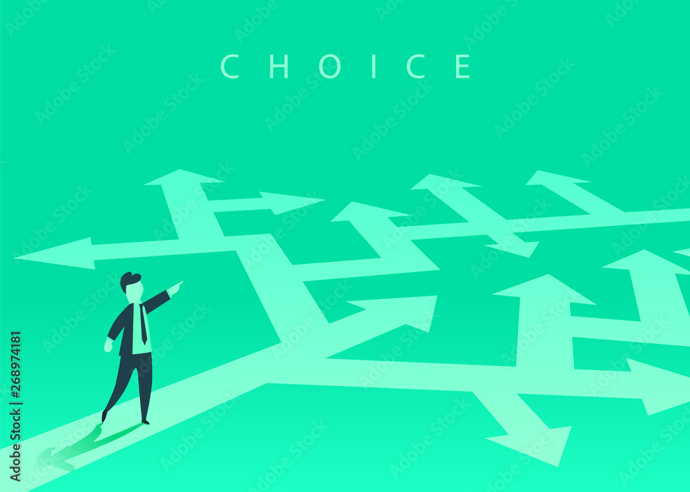 The concept of choosing the way of business and a businessman showing the direction. Problem solving, way to success. The concept of choosing the way of business and a businessman showing the direction. Problem solving, way to success.