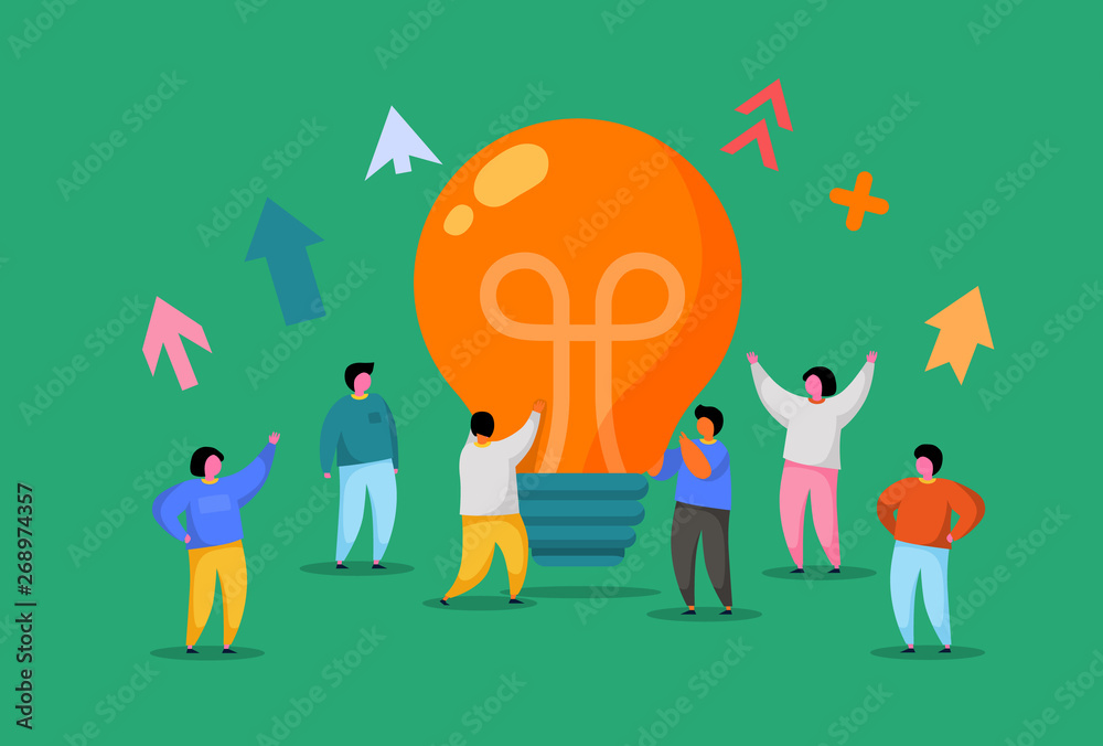 Fototapeta premium Flat People with Big Light Bulb Idea. Innovation, Brainstorming, Creativity Concept. Characters Working Together on new Project. New idea or Startup.
