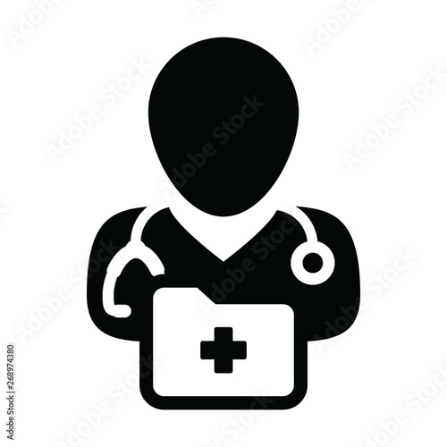 Healthcare icon vector male doctor person profile avatar with stethoscope and medical report folder for medical consultation in Glyph pictogram illustration