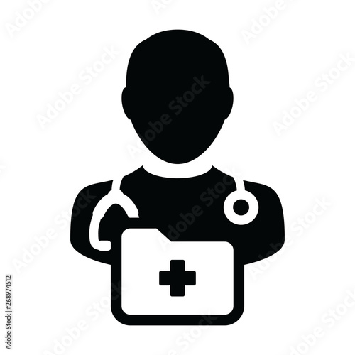 Healthcare icon vector male doctor person profile avatar with stethoscope and medical report folder for medical consultation in Glyph pictogram illustration
