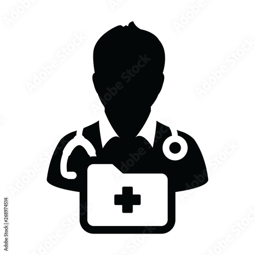 Health icon vector male doctor person profile avatar with stethoscope and medical report folder for medical consultation in Glyph pictogram illustration