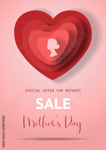 Mother's Day sale poster with red paper hearts. Mother or woman silhouette on different shape of paper hearts for Mother's Day. Sale poster, banner, concept, vector illustration for shops.