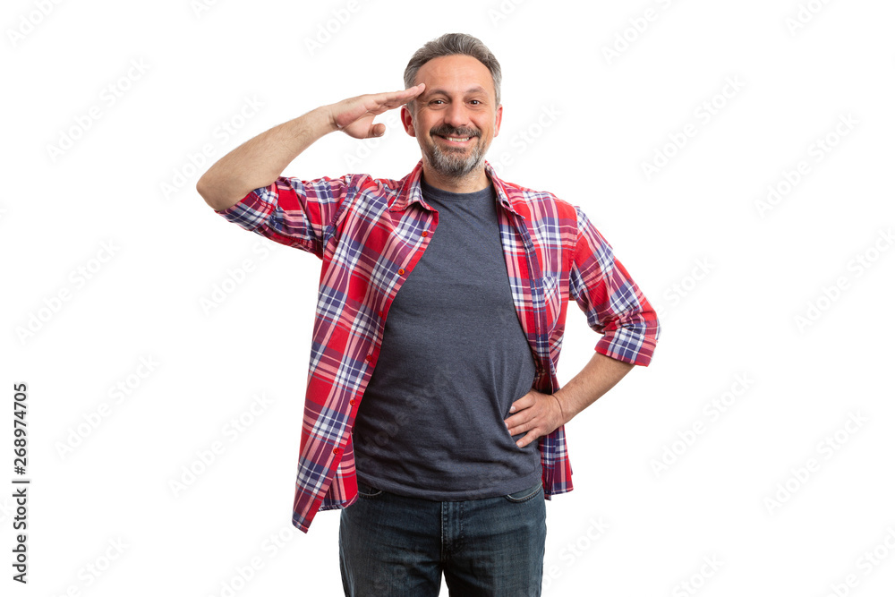Man touching forehead with hand as military salute Man touching forehead with hand as military salute