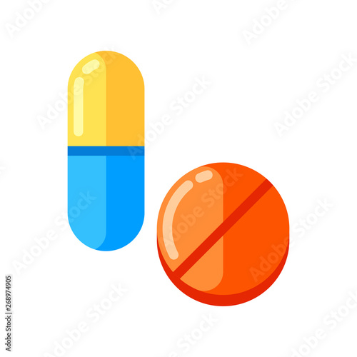 Tablet and capsule icon in flat style.