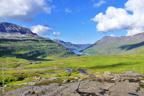 View of Seydisfjordur from top of the mountain pass
