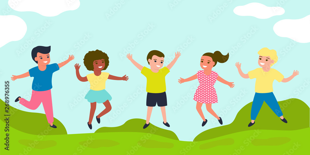 Joyful children jump together on summer sunny meadow. Multi-colored children's casual wear. Happy childhood of boys and girls different nations. Vector illustration