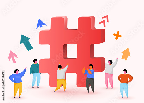 Hashtag sign. Concept of hashtag for social media marketing advertising, blogging, media planning, promotion in social network with group of happy people.