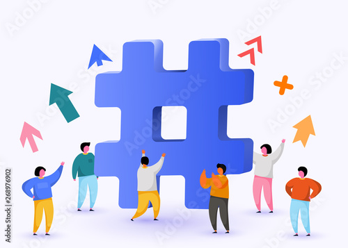 Hashtag sign. Concept of hashtag for social media marketing advertising, blogging, media planning, promotion in social network with group of happy people.