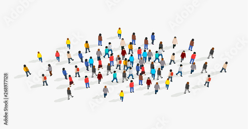 Large and diverse group of people gathered together in the shape of circle. Top view.