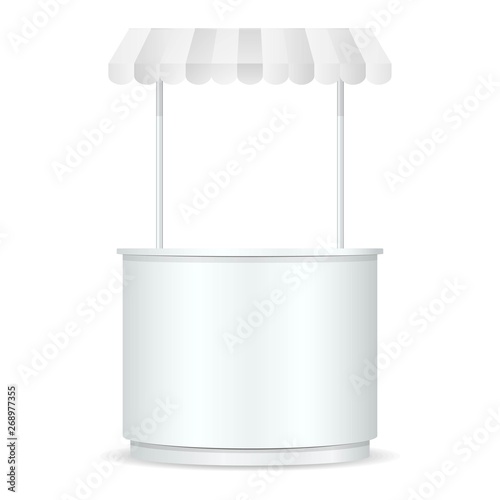 Realistic market stall, street fast food table, promotion counter or retail trade stand with sunshade stripe. Mock up template for your design.