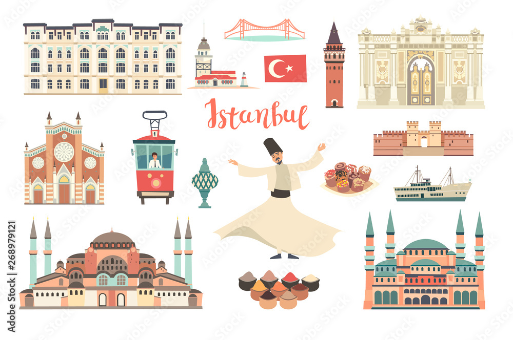 Obraz premium Istanbul City colorful vector collection. Istanbul building and landmarks. Mosque, Temple cartoon style. Bridge and Palace icon. Turkish tram and dancer