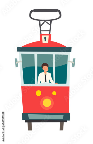 Red tram, Public transport with driver, vector illustration. Istanbul, Turkey Historical transport isolated on white background. Flat cartoon style