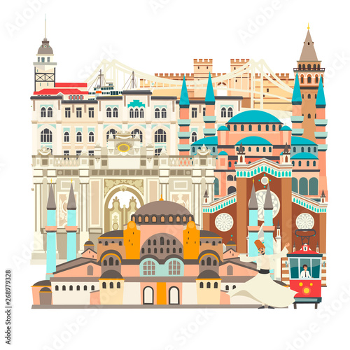 Istanbul City colorful beautiful vector card. Istanbul abstract  building: Mosque, Temple. Bridge and Palace Turkish tram and dancer