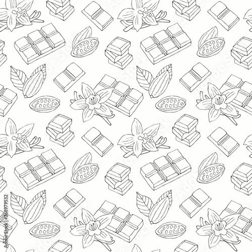 Chocolate hand drawn seamless . Surface decoration with vanilla flower, cacao bean. Vector background.