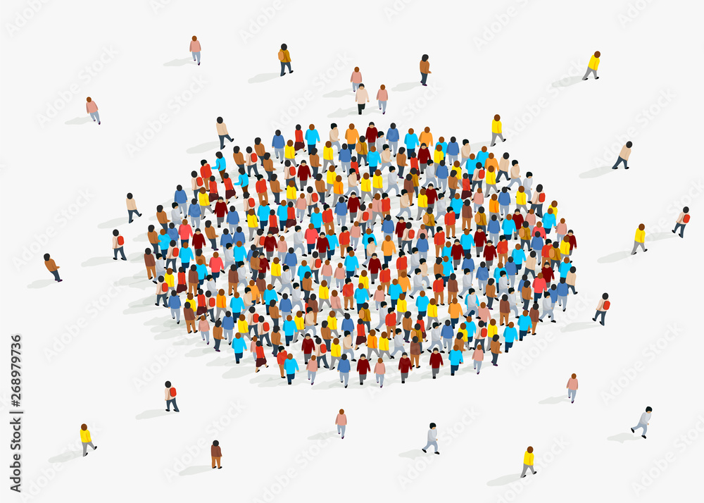 Template for advertising brochure with people crowd in shape of circle. - obrazy, fototapety, plakaty 