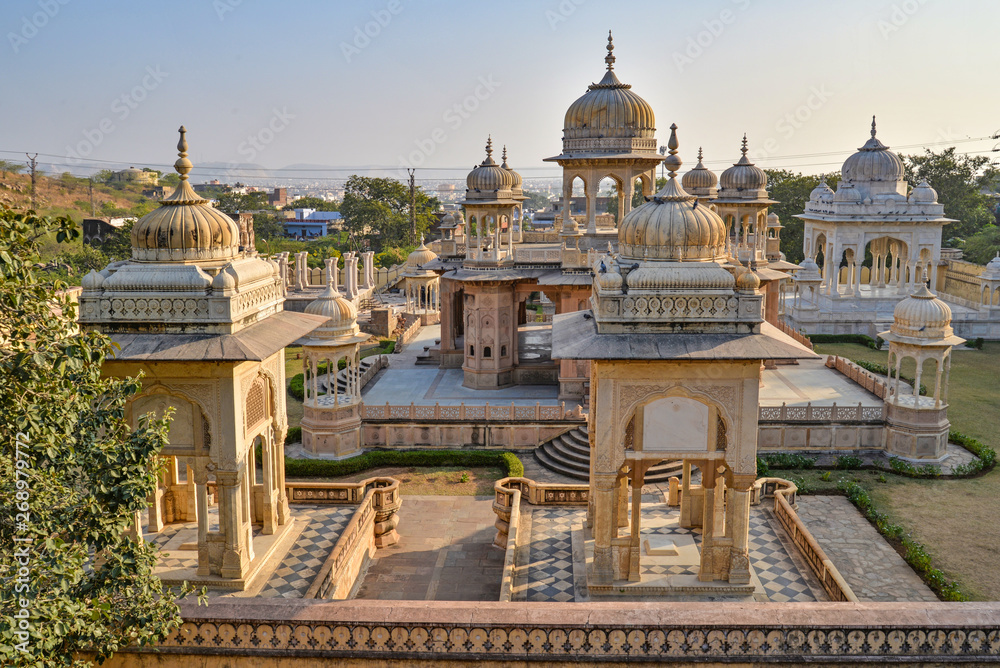 Group of cenotaphs with hill backdrop, Royal Gaitor, Jaipur, Rajasthan