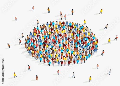Template for advertising brochure with people crowd in shape of circle.