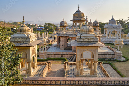 Group of cenotaphs with hill backdrop, Royal Gaitor, Jaipur, Rajasthan
