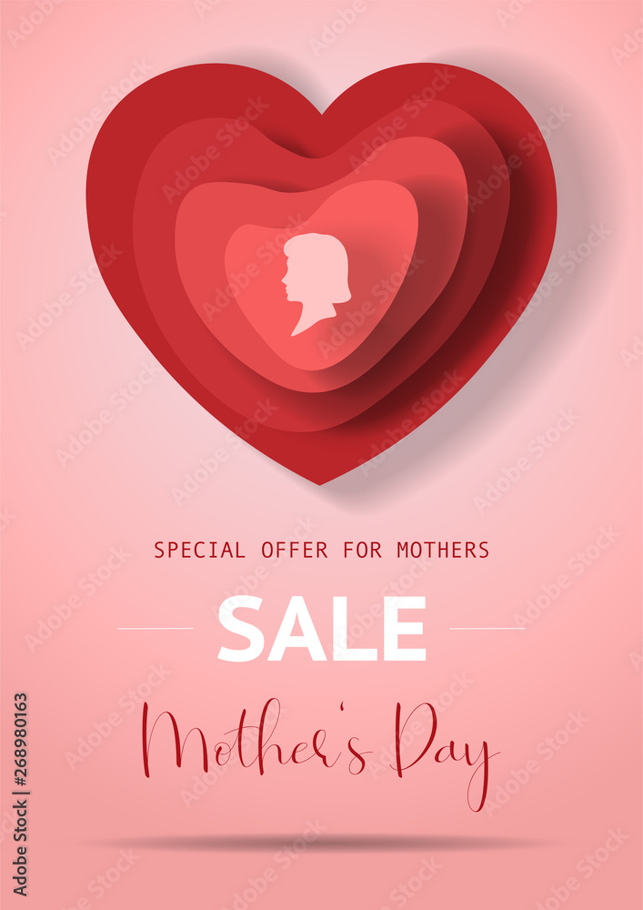 Mother's Day sale poster with red paper hearts. Mother or woman silhouette on different shape of paper hearts for Mother's Day. Sale poster, banner, concept, vector illustration for shops.