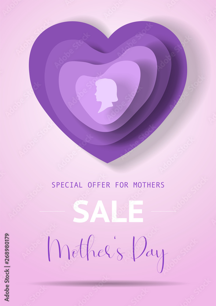 Mother's Day sale poster with purple paper hearts. Mother or woman silhouette on different shape of paper hearts for Mother's Day. Sale poster, banner, concept, vector illustration for shops.