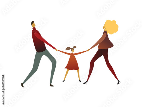 Man and a woman are pulling a child in different directions. Vector illustration on white background.
