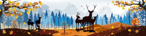 Beautiful panorama landscapes of Autumn forest with bright light on sunny day, Vector illustration of autumn landscape mountains and maple leaves falling with rain deer family, Natural background 