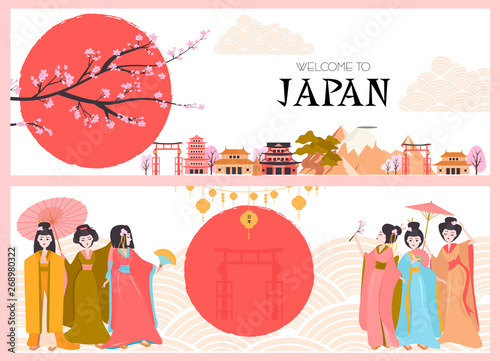 Canvas-taulu Set of Japan posters with geisha and traditional famous elements and symbols