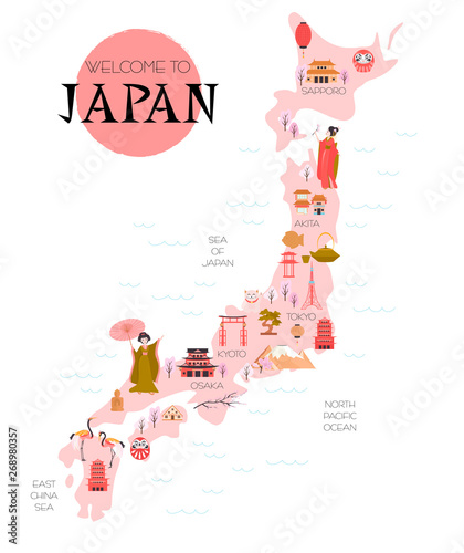 Illustrated map of Japan with traditional elements and landmarks. Welcome to Japan design template poster. Editable vectir illustration