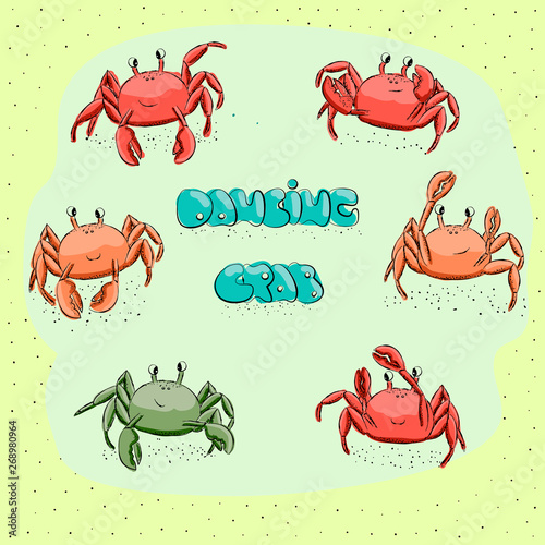 Vector set in the style of hand drawing comic illustration red coral cartoon funny dancing crab.