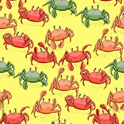 Seamless pattern with funny dancing cartoon crabs